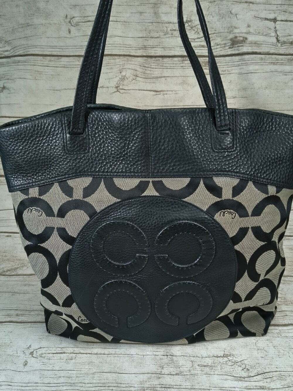 Coach Black & Beige Op Art Signature Canvas Large Tote Bag